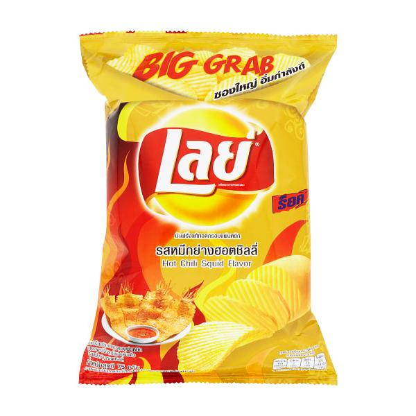 มันฝรั่งแท้ทอดกรอบแผ่นหยัก รสหมึกย่างฮอตชิลลี่