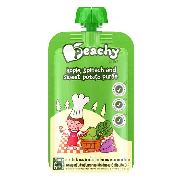 แอปเปิ้ล ผสมน้ำผักโขม และมันเทศบรรจุถุงรีทอร์ทเพาซ์