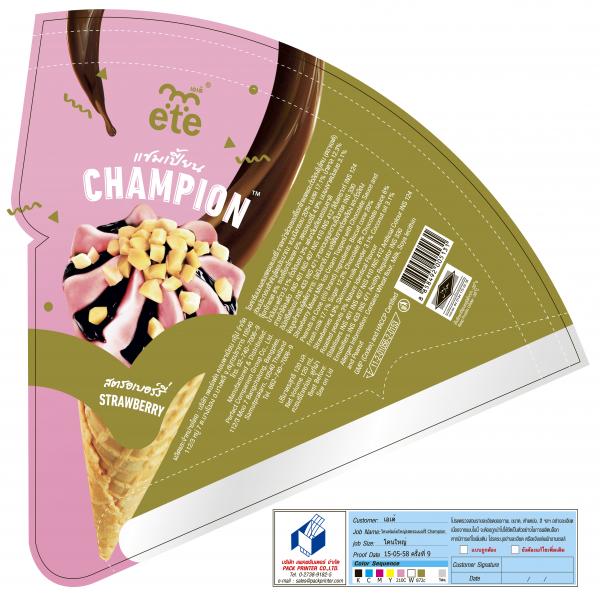 Strawberry Mixed Milk Ice Cream Topped with Chocolate Sauce and Peanuts in Cone