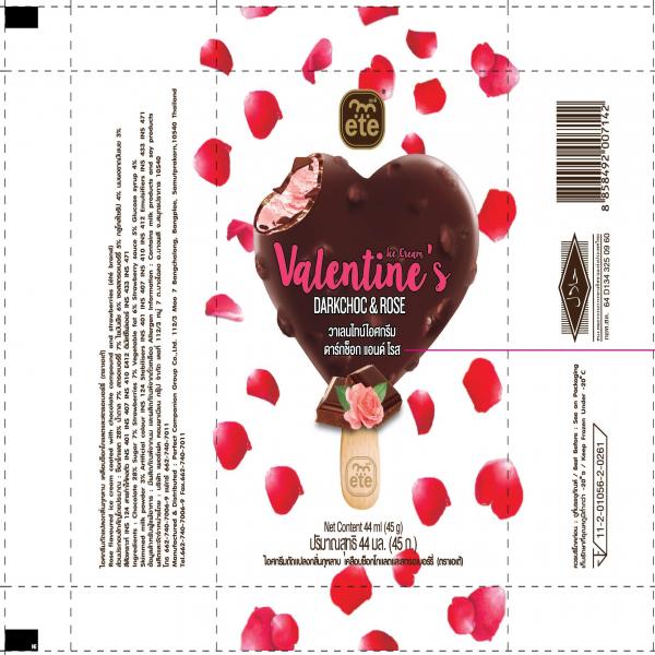 Rose Flavoured ice cream coated with chocolate compound and strawberries