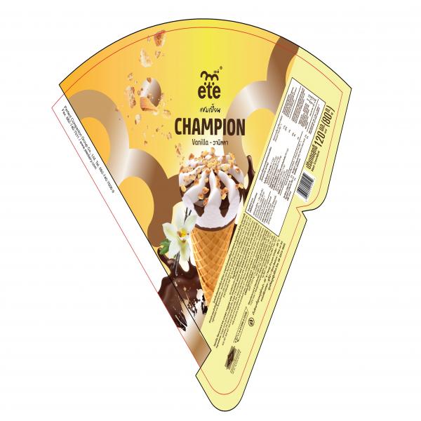 Vanilla flavoured ice cream topped with chocolate sauce and bread sprinkles in cone