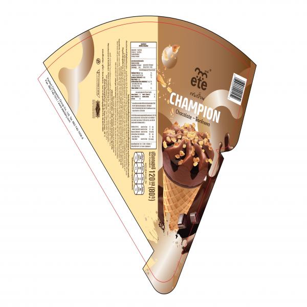 Chocolate flavoured ice cream topped with chocolate sauce and bread sprinkles in cone