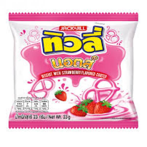 Biscuit with strawberry flavoured coated