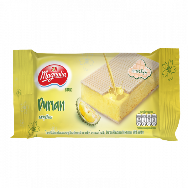 ไอศกรีมดัดแปลงผสมรสทุเรียนประกบด้วยเวเฟอร์