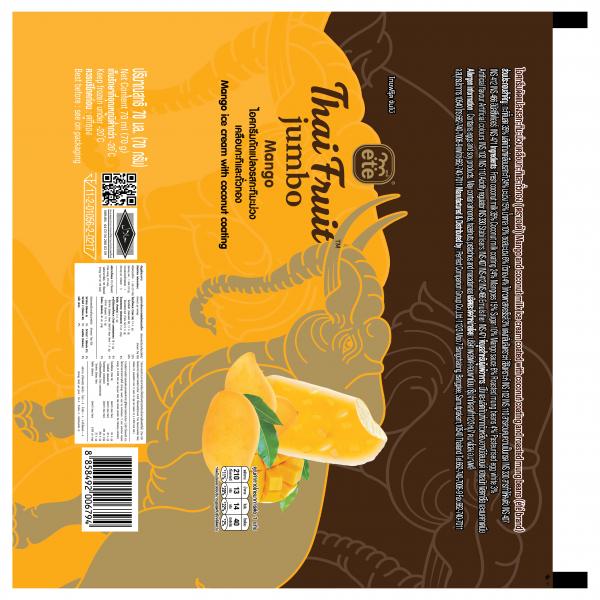 Mango and coconut milk ice cream coated with coconut milk coating and roasted mung beans