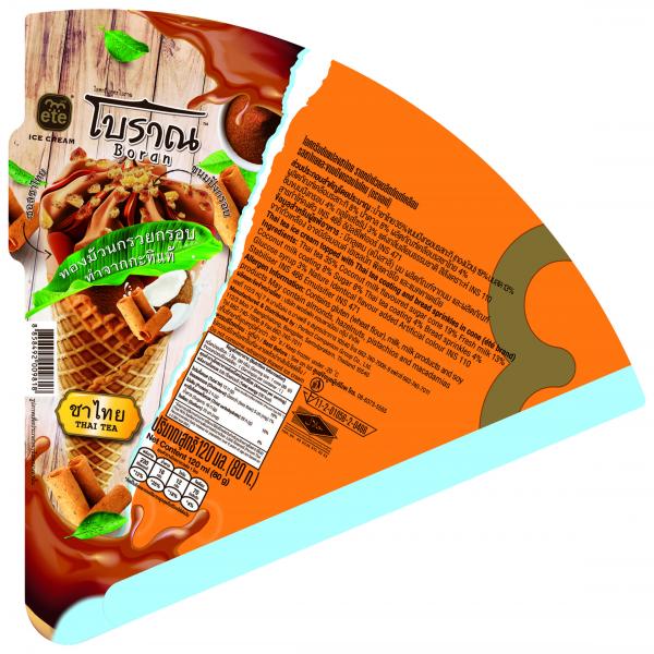 Thai tea ice cream topped with Thai tea coating and bread sprinkles in cone