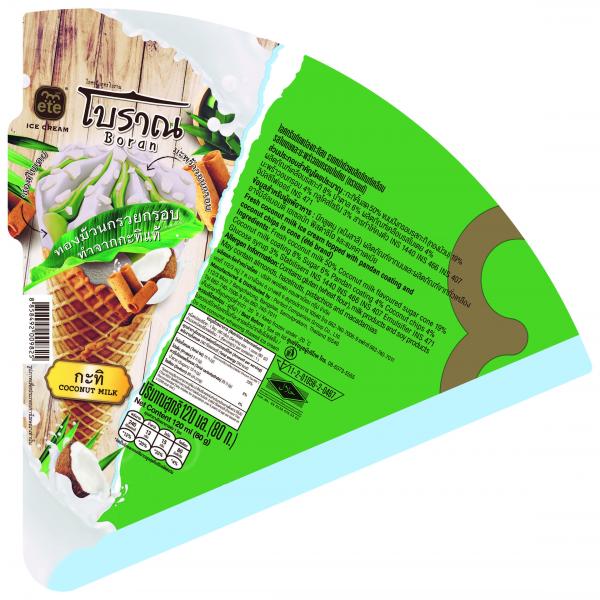 ไอศกรีมดัดแปลงกะทิสด ราดหน้าด้วยผลิตภัณฑ์เคลือบรสใบเตยและมะพร้าวอบกรอบในโคน