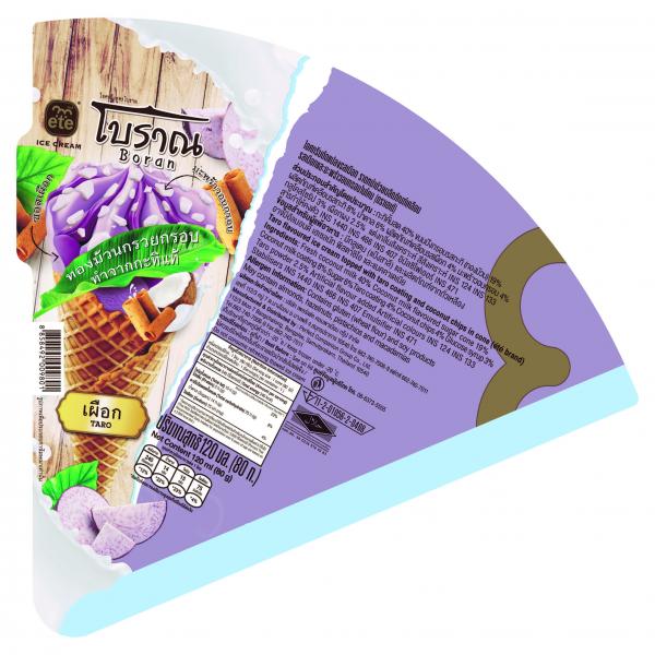 Taro flavoured ice cream topped with taro coating and coconut chips in cone