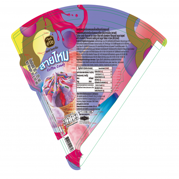 Cotton candy flavoured ice cream filled with strawberry flavoured sauce topped with strawberry flavoured coating and sugar flakes in cone