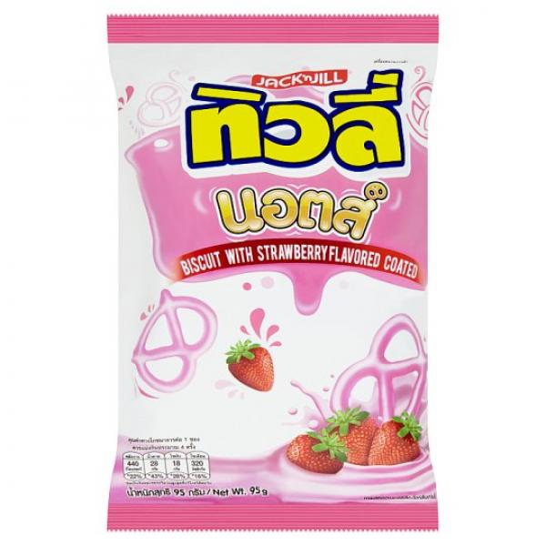 Biscuit with strawberry flavoured coated