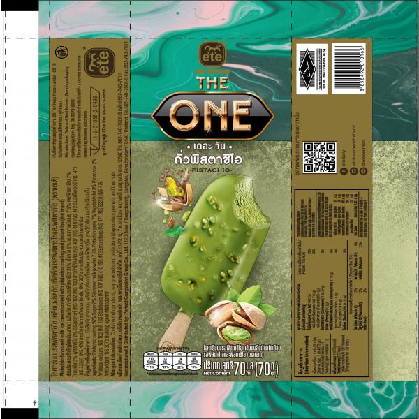 Pistachio flavoured milk ice cream coated with pistachio coating and pistachios