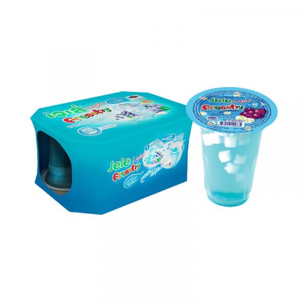 ขนมเยลลี่คาราจีแนนผสมบุกผง และน้ำองุ่นขาว 15% กลิ่นบลูเบอรี่