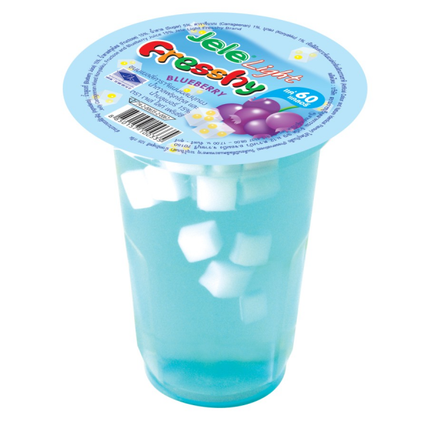 ขนมเยลลี่คาราจีแนนผสมบุกผง และน้ำองุ่นขาว 15% กลิ่นบลูเบอรี่
