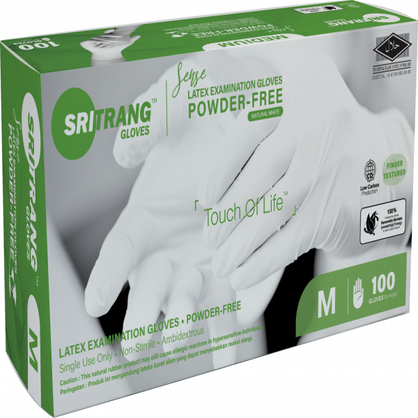 ถุงมือสำหรับการตรวจวินิจฉัยทางการแพทย์  (น้ำยางธรรมชาติแบบไม่มีแป้ง, Natural White) (Sense)