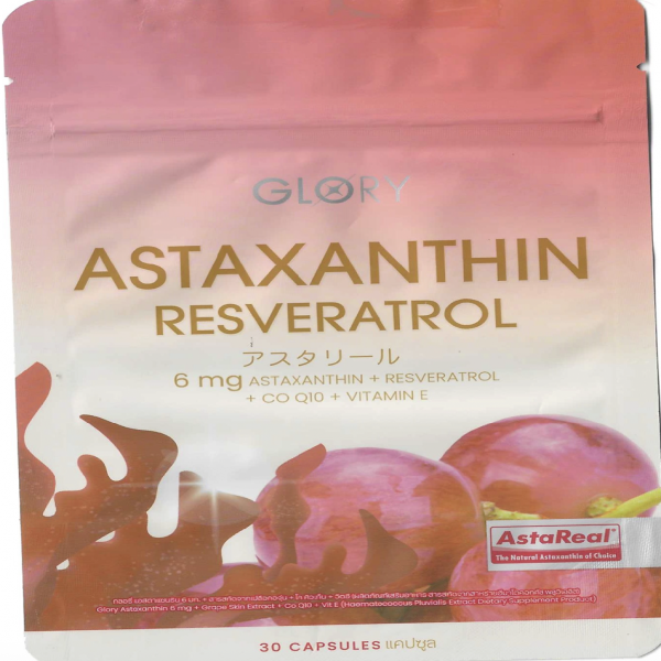 Glory Astaxanthin 6 mg. + Grape Skin Extract + Co Q10 + Vit E (Haematococcus pluvialis Extract Dietary Supplement Product) (15 Capsules) and (30 Capsules)